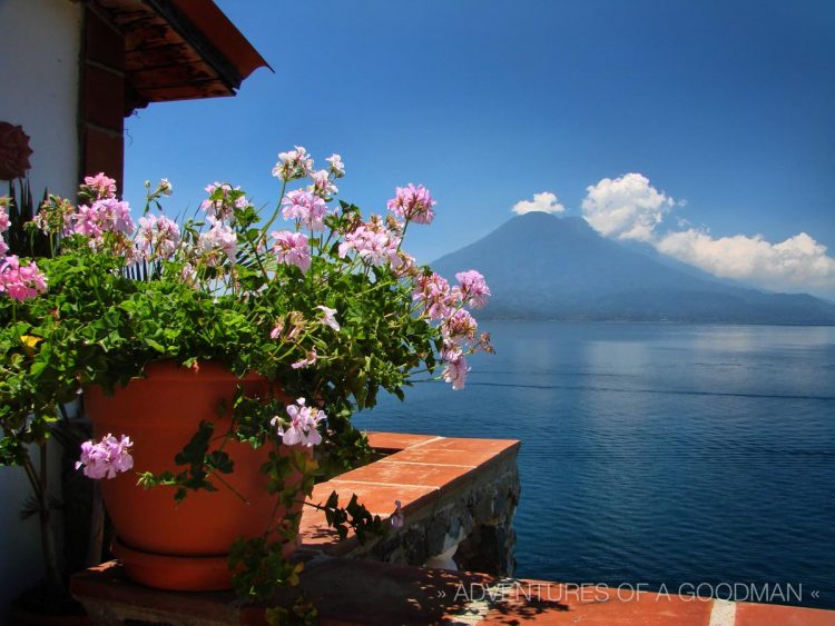 A view of Lago Atitlan's triple volcanoes, as seen from Casa del Mundo