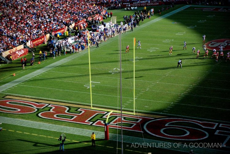 A closeup of the 49ers endzone at Candlestick Park in San Francisco, California