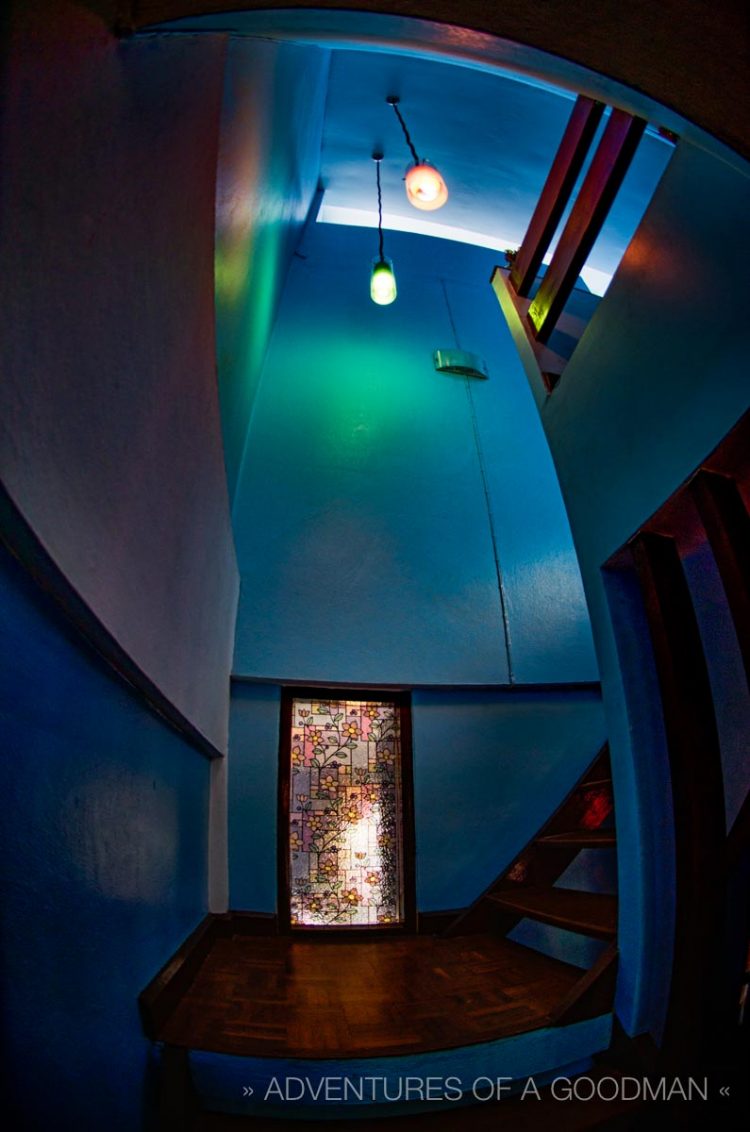 Stained glass windows and stairs in Chiang Mai