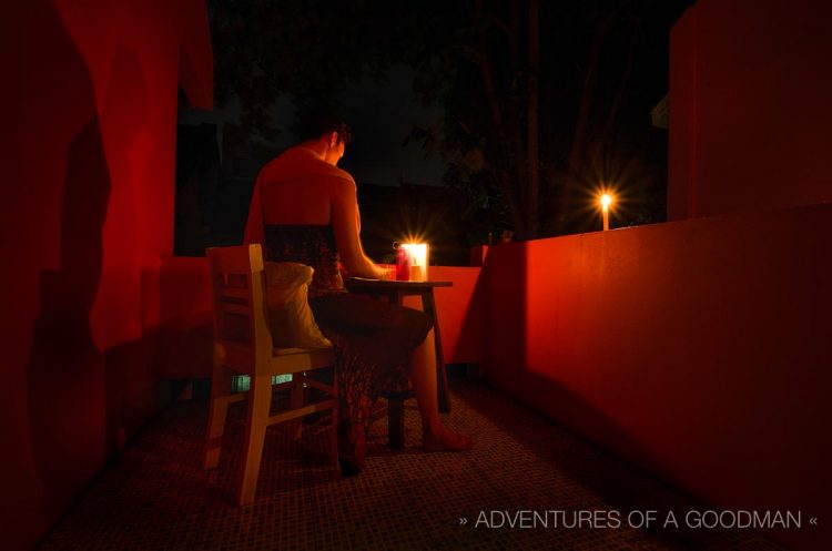 Carrie doing some nighttime writing on the upstairs back patio on New Years Day, 2013.