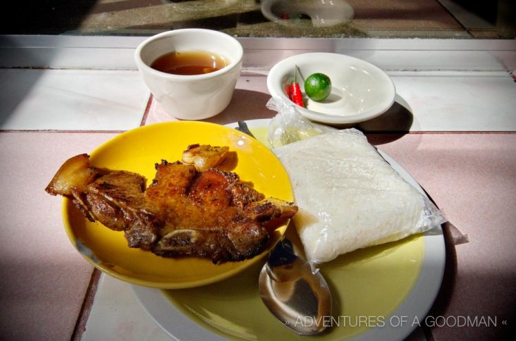 This was perhaps my favorite meal in the Philippines – Porksilog, aka a pork chop with a bag of rice and a meaty-flavored soup for 45 pesos ($1.12)