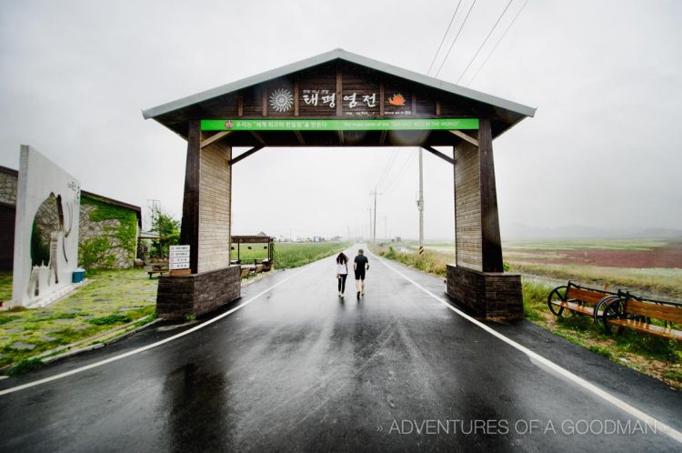 Jesse and Jeeyon walk through the main gate to the Jeung-Do salt flats on our first day of filming Get Lost in Korea