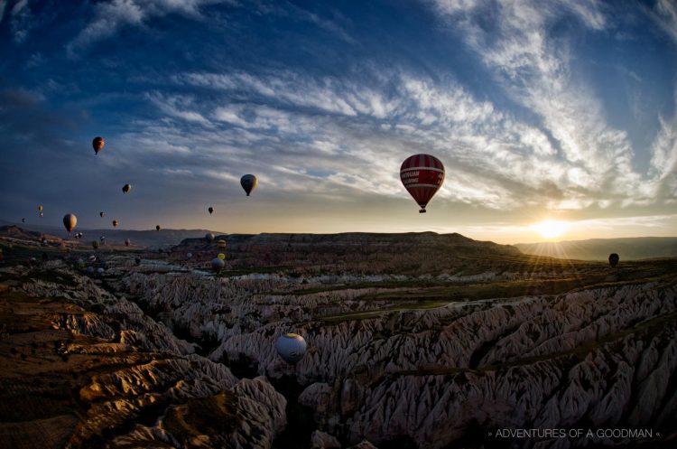 Sunrise over Kapadokya, Turkey, with hot air balloons