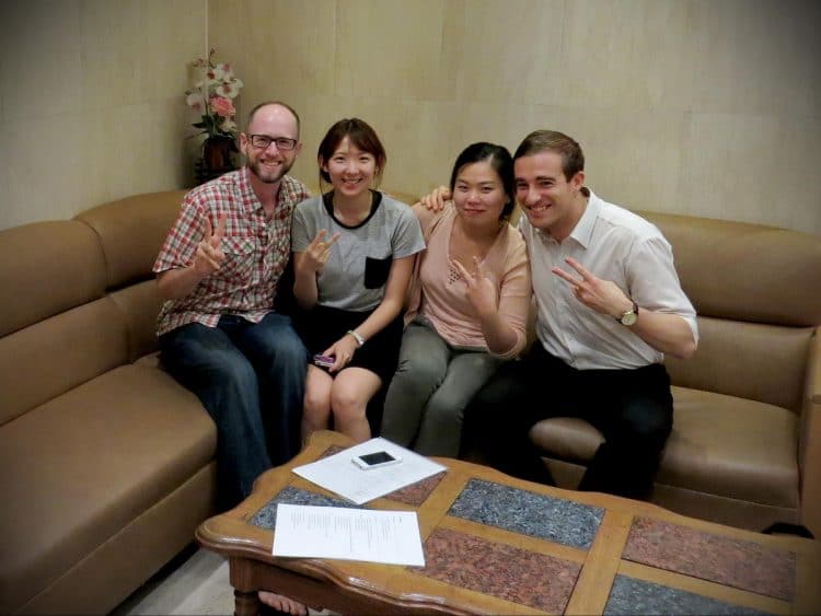 Me, Jee, Hye Jung and Jesse in the hotel lobby on my first night in Korea