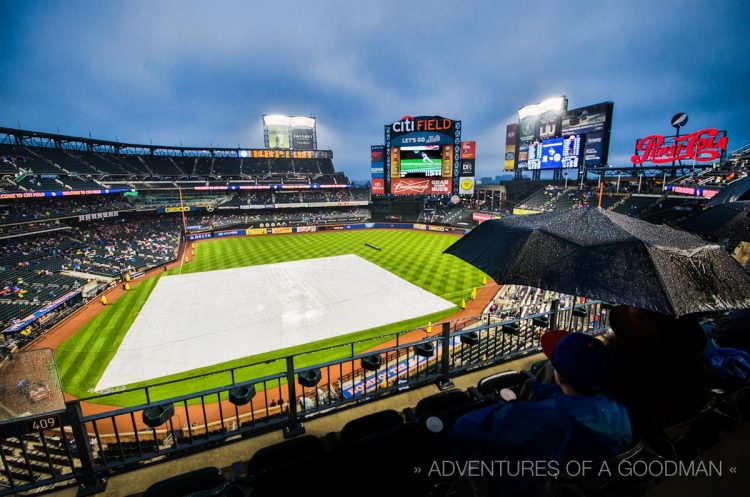 A rain delay at Citi Field during a Subway Series game between the Mets and Yankees