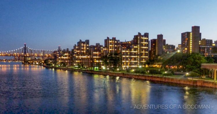 Roosevelt Island divides the East River in half and is accessible to vehicles via a bridge from Queens