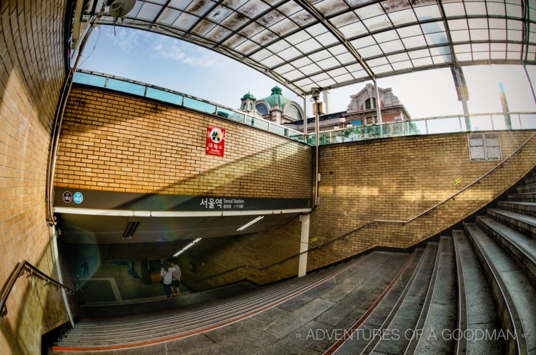 The stairs leading down to the Seoul Train Station in South Korea