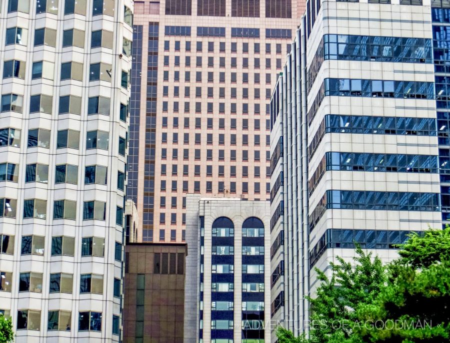 The Seoul Finance Center in Gwanghwamun is the center building in this photo