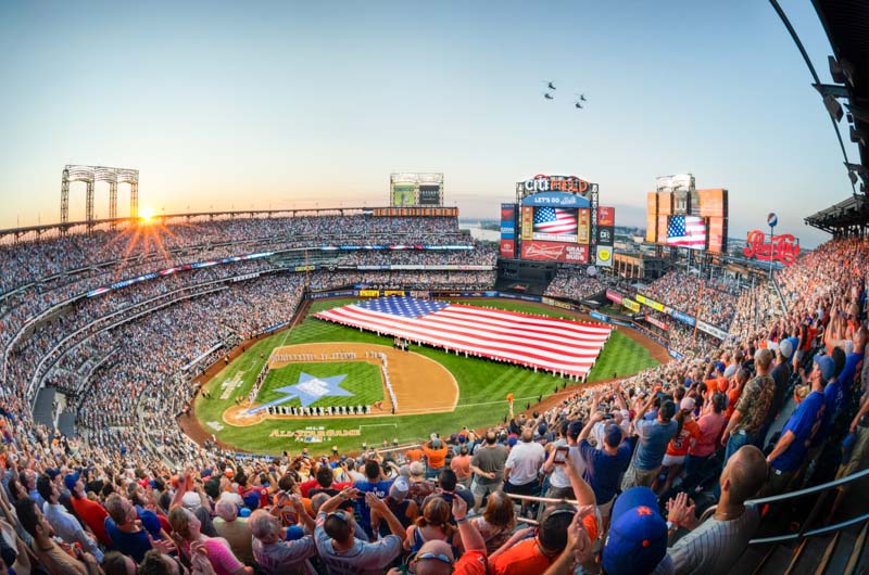 The American Flag is unfurled in centerfield during the 2013 MLB All Star Game pregame ceremony at Citi Field in Queens, NYC
