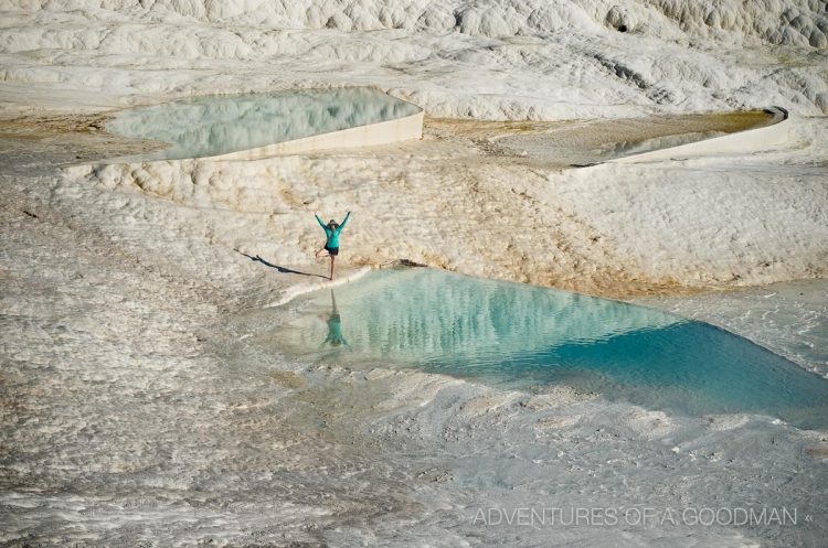 Carrie in a Tree Pose at the Pamukkale Cascades in Turkey