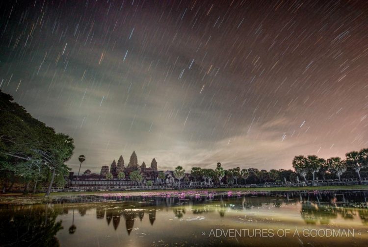 An 11 minute star trail exposure of Angkor Wat. Taken at 4:32am with a Nikon D800 at 17mm, f/5.6, ISO 200.