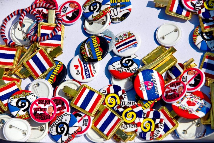 Anti-government pins for sale at the Central Government Complex in Bangkok