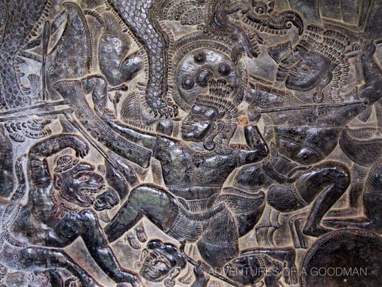 The bas-relief carvings in Angkor Wat tell the story of the Hindu epics of the Ramayana and the Mahabharata.