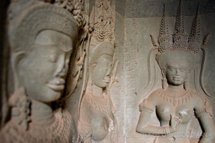 Beautiful carvings adorn the walls of the top floor of Angkor Wat.