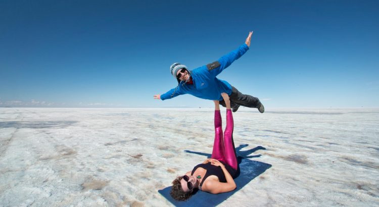 My wife, Carrie, and I do acro yoga in the Bolivian Salt Flats