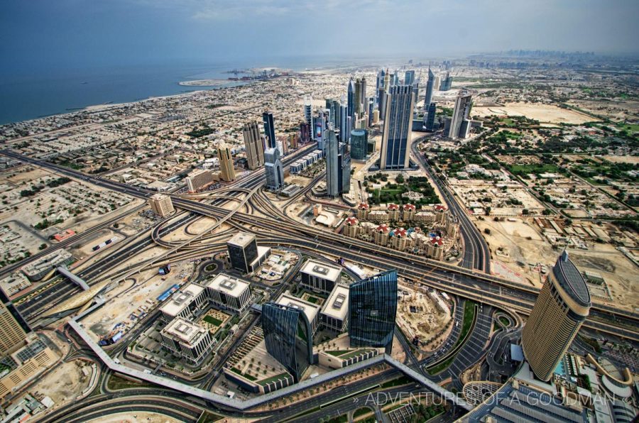 The Dubai Financial District, as seen from the Burj Khalifa observation deck ... 555 meters above the ground