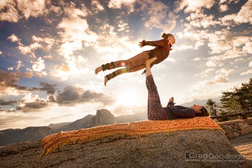Carrie and Lauren do acro yoga at sunrise in Yosemite National Park