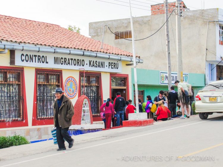 The green building to the right is where we got our formed stamped. The bigger white building on the left is where we waited for a passport stamp to leave Peru.