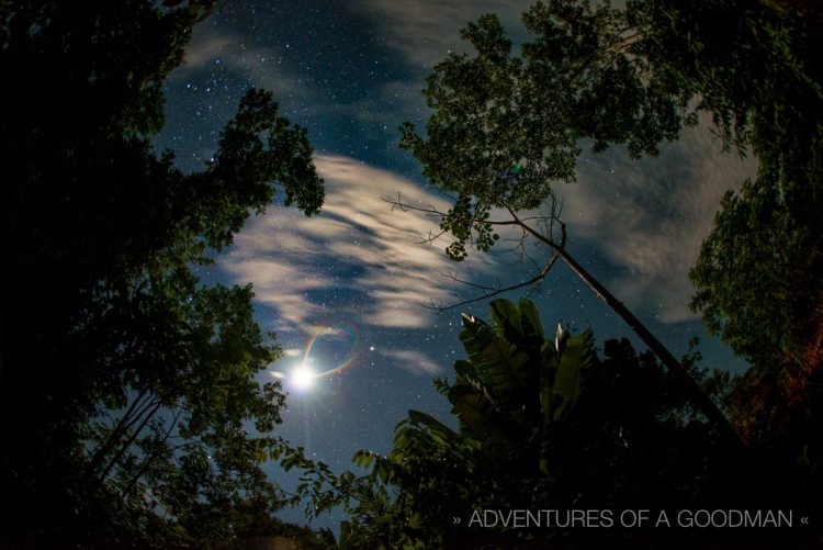A moon rainbow above the canopy of the Amazon Rainforest in Iquitos, Peru.