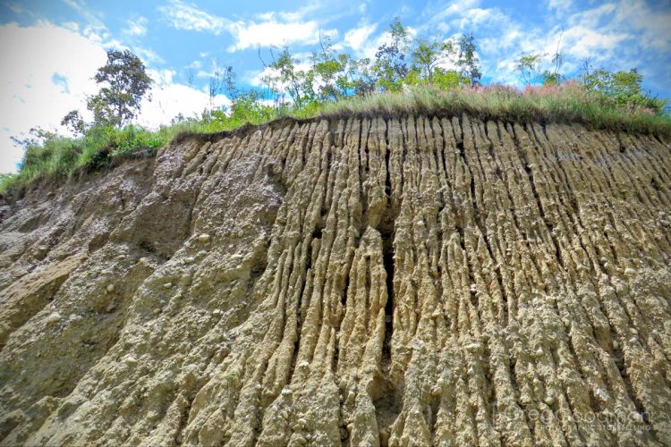 This crumbling dirt wall is expected to keep a mountain from falling onto the road below.