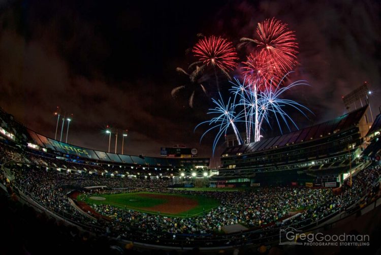 Fireworks at the Oakland Colosseum - home of the Athletics baseball team