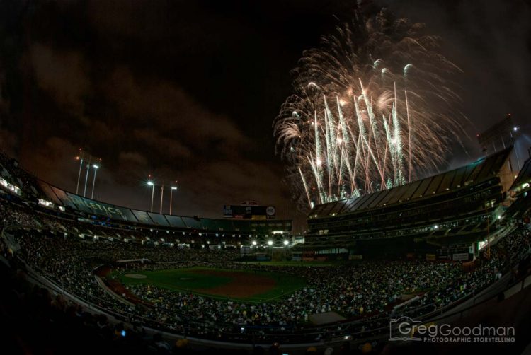 Fireworks at the Oakland Colosseum - home of the Athletics baseball team