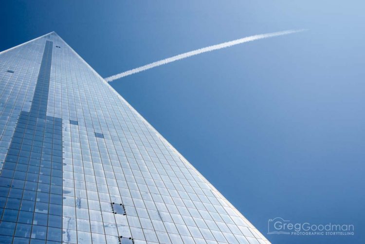 The Freedom Tower is so tall that the top looks like a giant triangle from the sidewalk below.