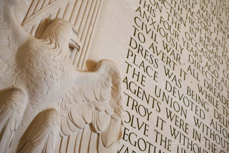 Abraham Lincoln’s second inaugural address is inscribed on the north wall of the memorial.