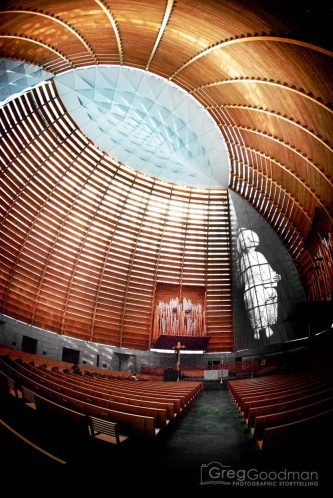 A fisheye photograph of the interior of Cathedral of Christ of the Light in Oakland, CA