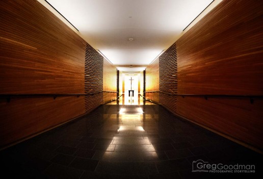 The main hallway of the basement mausoleum at Cathedral of Christ of the Light
