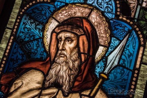 One of the stained glass panels in the church’s basement