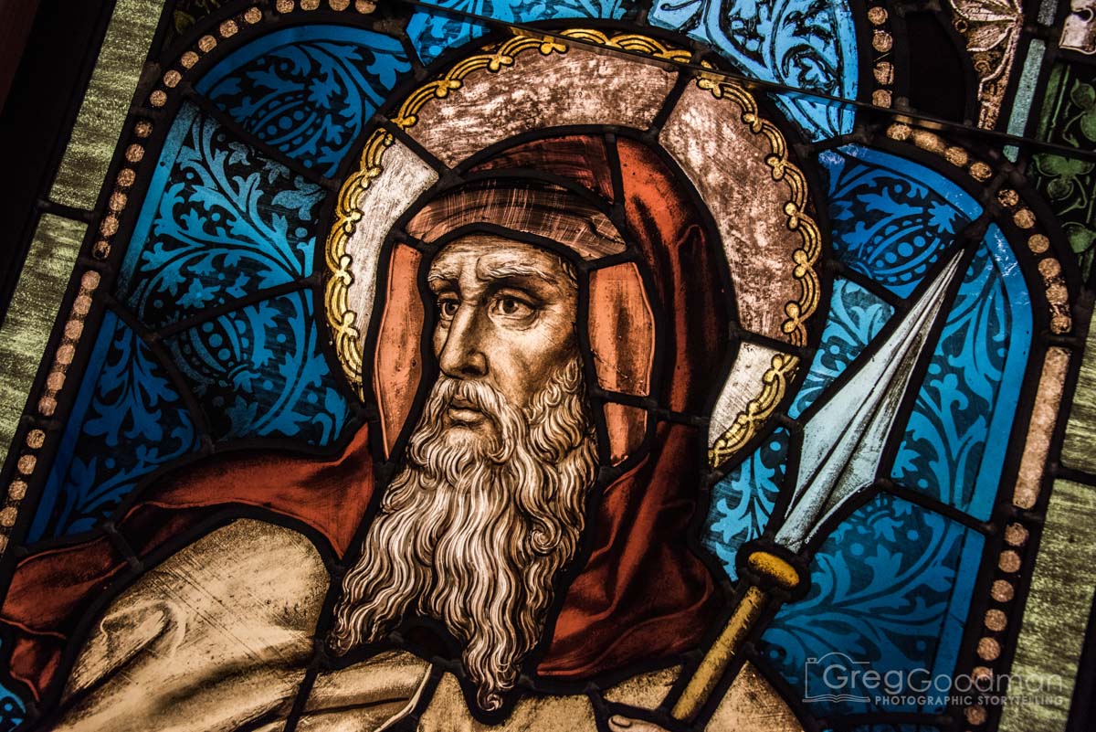 One of the stained glass panels in the church’s basement