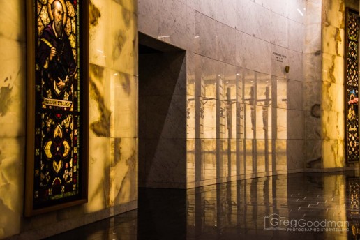 The walls and floors are covered in shiny and reflective marble