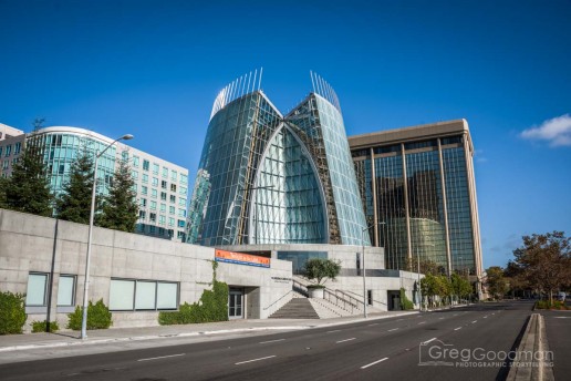 The Cathedral of Christ of the Light sits alongside a busy road next to Lake Merritt in Oakland, California
