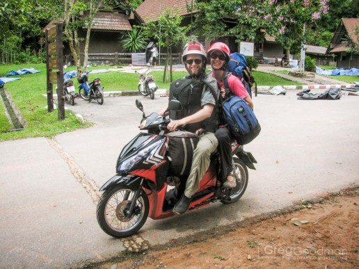 Me and Carrie do a motorbike balancing act in Khao Yai