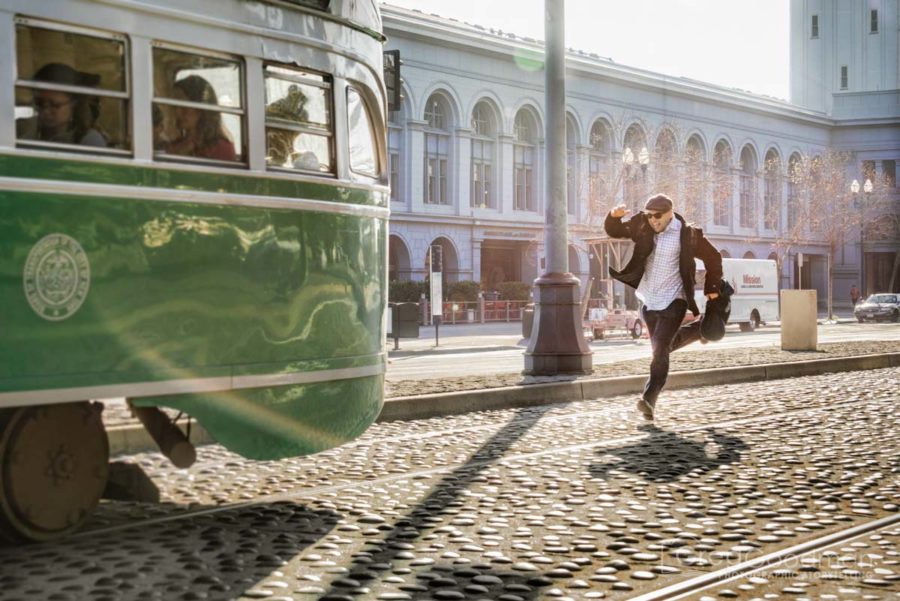 Ben Barbic runs for a MUNI train in San Francisco