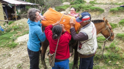 Trying to get our bags onto Simona’s horse.