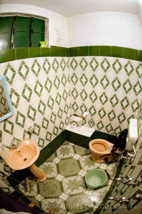 A bathroom in the Ganga Darsha Hotel in Rishikesh, India