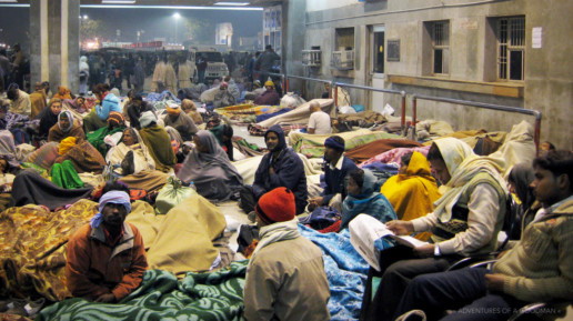 A late night crowd at the Agra train station in India