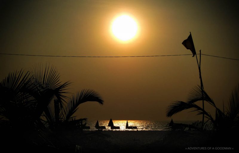 A sunset over the beach in Arambol, Goa