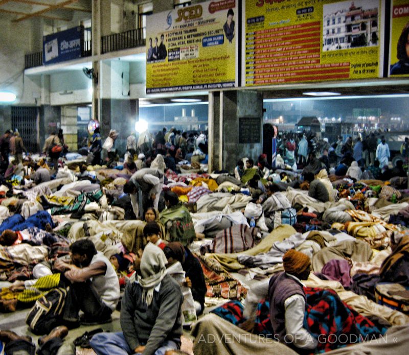 A late night crowd at the Agra train station in India