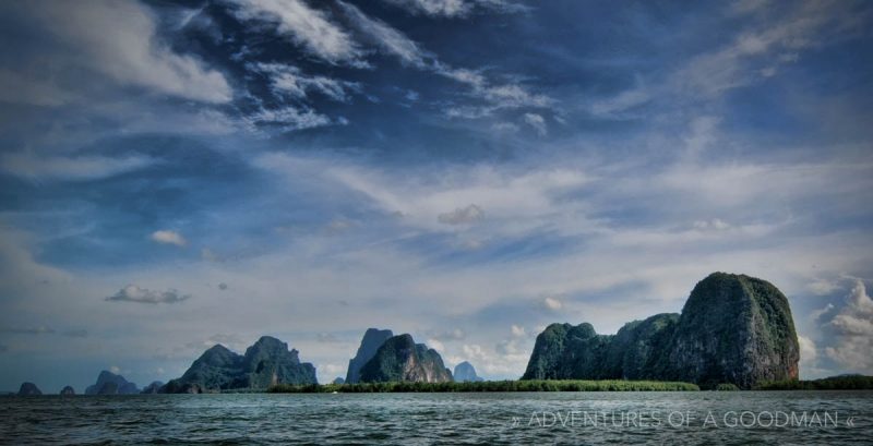 The limestone crags of Phang Nga Bay, Thailand, by sunset