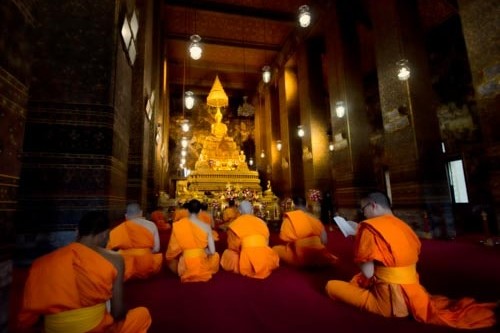 A monk chanting session at Wat Pho in Bangkok, Thailand