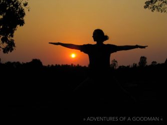 Carrie does yoga at sunset in Auroville, India