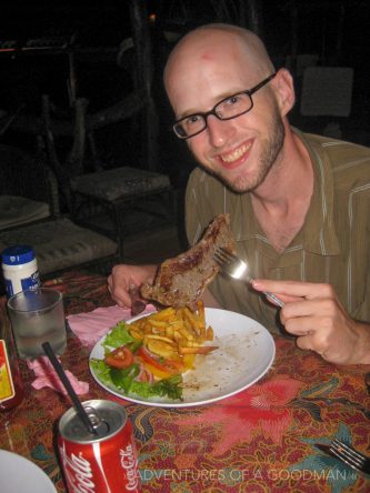 Enjoying a steak with not a strand of hair on my head