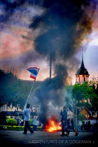 Fire in the streets during the Red Shirt protests in 2009