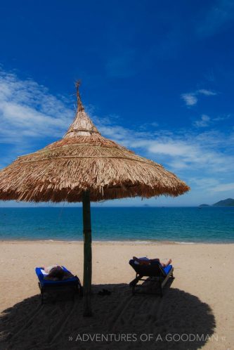 Thatched umbrellas on the beach of Nah Trang, VietNam