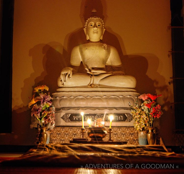 The Buddha statue in the group meditation room at Wat Umong, the Forest Monastery