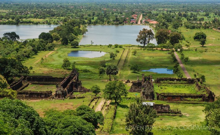 Wat Phou with the town of Champasak in the distance