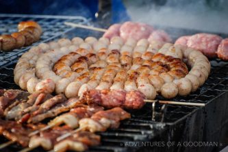 Balls of meat cook on a grill for sale in Patong, Phuket, Thailand